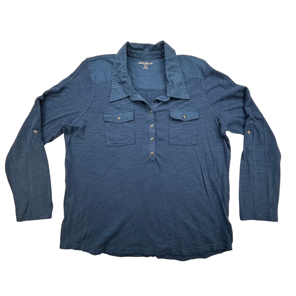 Eddie Bauer Shirt Mens 2XL Blue Long Sleeve Button Front Pocket Linen Blend
